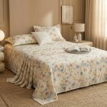 BSB HOME Cloud Cotton King Size bedsheet | Flatsheet Summer Sheet with Two Pillow Covers | Super Soft Bed Sheet for King Size Bed Durable| Floral Design (270 x 250 cm, Off White & Vintage Blue)