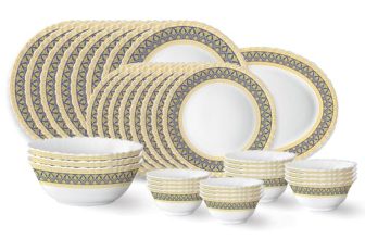 Larah by Borosil Regal Fluted Series Opalware Dinner Set | 36 Pieces for Family of 8 | Microwave & Dishwasher Safe | Bone-Ash Free | Crockery Set for Dining & Gifting | Plates & Bowls | White