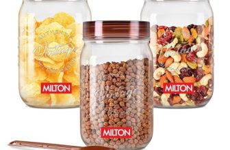 MILTON Vintage Airtight Containers with Spoons for Kitchen Storage, Food Grade Plastic, Stackable & Transparent Organizer Jars, Masala Dabba, Set of 3 (750ml each) for Tea, Coffee, Sugar, Dry Fruits