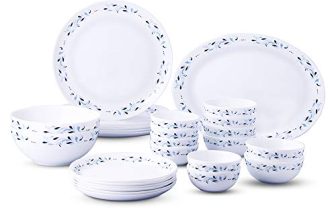 Larah by Borosil – Moon Series, Skyleaf 27 Pieces Opalware Dinner Set, White