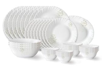 Larah by Borosil Ingot Fluted Series Opalware Dinner Set | 36 Pieces for Family of 8 | Microwave & Dishwasher Safe | Bone-Ash Free | Crockery Set for Dining & Gifting | Plates & Bowls | White