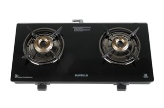 Havells GEOSLIM Gas stove |2 Heavy Duty Forged Brass Burner|6 mm Toughened Glass|Premium Valves|Removable Drip Tray|Soft Touch Knobs|5 year Warranty on Burners, Glass & Valves by Havells (Black)