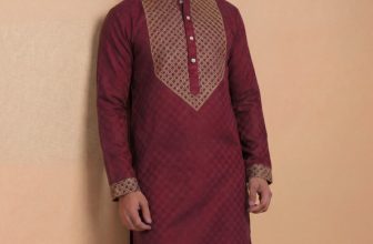 Tibra Collection Men Embroidered Straight Kurta(Maroon, Beige)