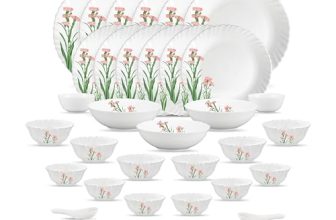 La Opala Opal Glass Crockery | for Family of 6 | Dinner Set 35 pcs Pink Florets | Plates & Bowls for Dining | Microwave Safe | 100% Vegetarian | Extra Strong | Extra Light & White