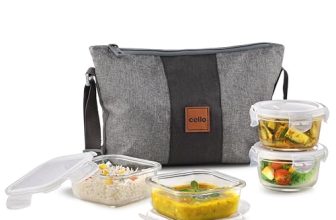 CELLO Glassy Square Lunch Box with Jacket For Office, Transparent | 2 x 320ml, 2 x 240ml Glass Containers, Microwave Safe Leadfree Toughened Glass, Airtight Leakproof Tiffin Box For Daily Use & Travel