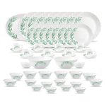 La Opala Diva Classique Collection Opal Glass Crockery | for Family of 8 | Dinner Set 53 pcs Olive Trails | Plates, Bowls & Cups for Dining | Microwave Safe | 100% Vegetarian | Extra Strong | White