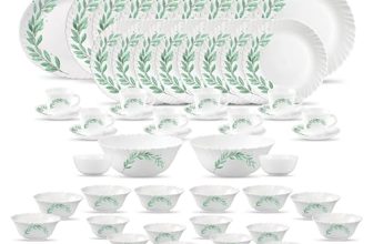 La Opala Diva Classique Collection Opal Glass Crockery | for Family of 8 | Dinner Set 53 pcs Olive Trails | Plates, Bowls & Cups for Dining | Microwave Safe | 100% Vegetarian | Extra Strong | White