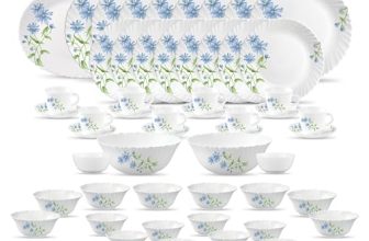 La Opala Diva Classique Collection Opal Glass Crockery | for Family of 8 | Dinner Set 53 pcs Blue Daisy | Plates, Bowls & Cups for Dining | Microwave Safe | 100% Vegetarian | Extra Strong | White