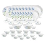 La Opala Diva Classique Collection Opal Glass Crockery | for Family of 8 | Dinner Set 53 pcs Blue Daisy | Plates, Bowls & Cups for Dining | Microwave Safe | 100% Vegetarian | Extra Strong | White