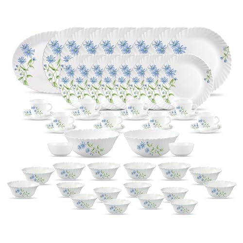 La Opala Diva Classique Collection Opal Glass Crockery | for Family of 8 | Dinner Set 53 pcs Blue Daisy | Plates, Bowls & Cups for Dining | Microwave Safe | 100% Vegetarian | Extra Strong | White