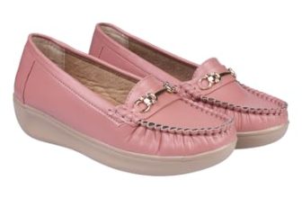 Shoetopia Upper Metalic Buckle Detailed Peach Loafers for Girls-EU36