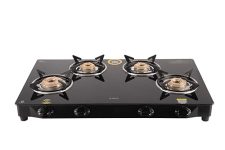 Elica 4 Burner Gas Stove with Toughened Glass Top | Brass Burners | Spacious 77cm Design for Multi Dish Cooking | ISI Certified | 2 Year Warranty | CT VETRO 774 J | Black