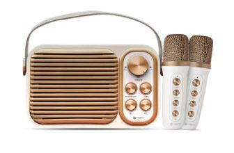 Toreto 20W Bluetooth Speaker Wireless with Dual Wireless Karaoke Mic, Voice Changer, 10m Range, 6H Playtime, USB/AUX/TF/FM, Type-C Charging (Retro Mini,Rose Gold)