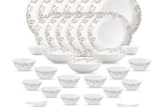 La Opala Opal Glass Crockery | for Family of 6 | Dinner Set 35 pcs Spring Meadows | Plates & Bowls for Dining | Microwave Safe | 100% Vegetarian | Extra Strong | Extra Light & White