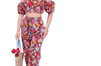 Tokyo Talkies Maroon & Blue Floral Printed Pure Cotton Off-Shoulder Top With Trouser