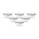 La Opala Diva, Pearl Collection Opal Glass Crockery | Vegetable Bowl 220 ml Set of 6 | Lively Hues Design | for dal & Condiments | Microwave Safe | 100% Vegetarian | Extra Strong | Light & White
