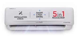 Lloyd 1 Ton 3 Star Inverter Split AC (5 in 1 Convertible, Cools Up To 52°C, Smart 4 Way Air Swing, Turbo Cool, Installation Check, 100% Copper, White with Silver Deco Strip, GLS12I3FWSEA)