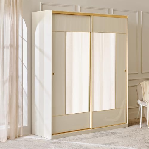 Home Centre | Modern | Engineered Wood | 2 Door Sliding Wardrobes | with Mirror | Cream | 1 Year Warranty