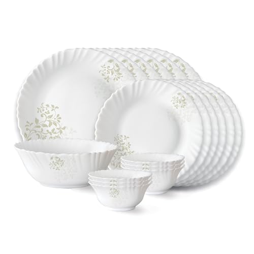 Larah by Borosil Ingot Fluted Series Opalware Dinner Set | 19 Pieces for Family of 6 | Microwave & Dishwasher Safe | Bone-Ash Free | Crockery Set for Dining & Gifting | Plates & Bowls | White