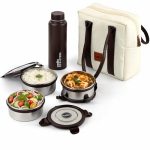 CELLO Urban Bite Lunch Box with Bag for Office Use, White Brown | 3 x 400ml Stainless Steel Containers, 800ml Water Bottle with Fork & Spoon, Leak Proof Airtight Clip Steel Tiffin Box Set for Travel