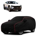 Sulfar 100% Water Resistant Car Body Cover Compatible with Mirror for Mahindra BE 6 (Triple Stitched, Full Bottom Elastic, Black with Red Piping)
