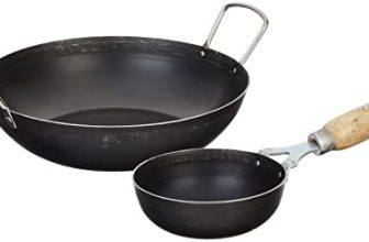 Amazon Brand – Solimo Sheet Metal Iron Cookware Set of 2 Pc (Induction Base Kadai 24 cm Dia, Tadka Pan 13 cm Dia) 100% Toxin-Free, Naturally Non-Stick, Long Lasting