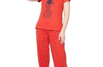 Clovia Women’s Cotton Printed Top & Pyjama Set (LS0413F04_Red_S)