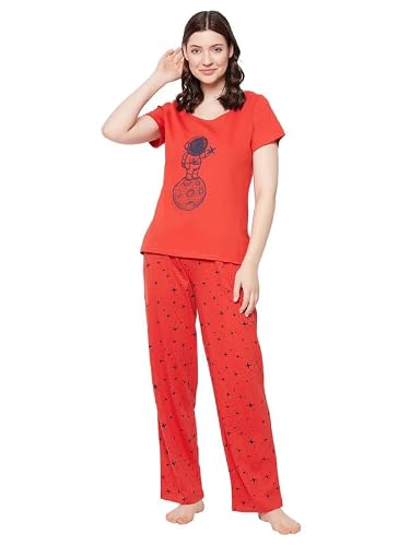 Clovia Women’s Cotton Printed Top & Pyjama Set (LS0413F04_Red_S)