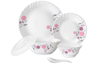 Larah by Borosil Pack of 34 Opalware Galaxy Dahlia Crockey Gifting, Plate & Bowl Dinner Set(Pink, Microwave Safe)
