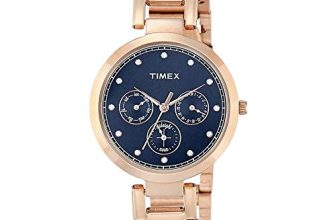 TIMEX Analog Watch for Women with Blue Round Dial & Rose Gold Stainless Steel Bracelet Band Water Resistant Women’s Wrist Watches – TW000X215