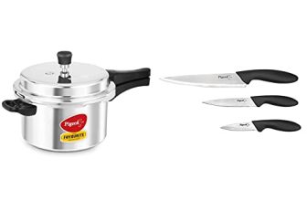 Pigeon by Stovekraft Favourite Induction Base Aluminium Pressure Cooker with Outer Lid, 5 litres, SIL & Stainless Steel Kitchen Knives Set, 3-Pieces, Multicolour Combo