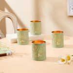 Amazon Brand – Solimo Tea Light Votive – Round Leaf Design, Sea Green Iron with Gold Interior, Set of 4 (Size: L-7.5 cm x W-7.5 cm x H-10 cm)