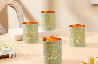 Amazon Brand – Solimo Tea Light Votive – Round Leaf Design, Sea Green Iron with Gold Interior, Set of 4 (Size: L-7.5 cm x W-7.5 cm x H-10 cm)