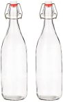 Amazon Brand – Solimo Swing Top Water Bottle with Stopper – Set of 2 (1 Liter) – Glass, Transparent