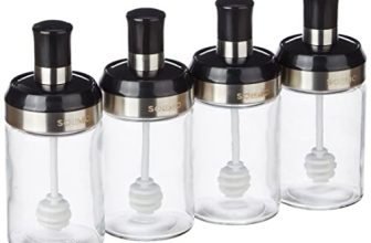 Amazon Brand – Solimo Borosilicate Glass Sauce Jar with Dipper, Set of 4 (250 Ml Each),Black