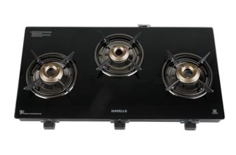 Havells GEOSLIM JUMBO Gas stove |3 Heavy Duty Forged Brass Burner|6 mm Toughened Glass|Premium Valves|Removable Drip Tray|Soft Touch Knobs|5 year Warranty on Burners, Glass & Valves by Havells (Black)