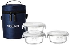 Amazon Brand – Solimo Glass Lunch Box Set with Sliding Air Vents and Bag (3 pieces, 400ml, Transparent)