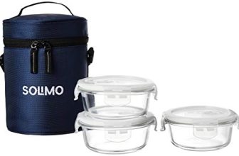 Amazon Brand – Solimo Glass Lunch Box Set with Sliding Air Vents and Bag (3 pieces, 400ml, Transparent)