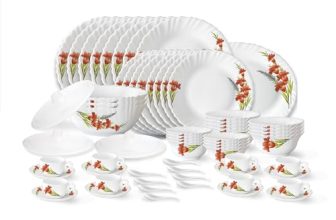 Larah by Borosil Red Iris Fluted Series Opalware Dinner Set | 63 Pieces for Family of 8 | Microwave & Dishwasher Safe | Bone-Ash Free | Crockery Set for Dining & Gifting | Plates & Bowls | White