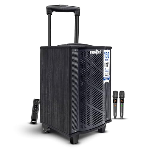 FRONTECH Nocturn Pro Trolley Speaker | 150W Powerful Sound | Dual Wireless Microphones | USB/TF/Bluetooth/FM | Guitar & MIC Input | Rechargeable Battery (SW-0211, Black)