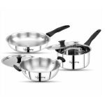 Lifelong 5 Piece Stainless Steel Cookware Set|2.2L Kadhai with Lid 22cm|1.4L Fry Pan 22cm|1.2L Saucepan 16cm|Comes with Two Lid|Induction & Gas Compatible|Bakelite Handles|Easy to Clean (Silver)