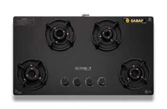 BLOWHOT Amber 4 Burner Gas Stove, Manual-Ignition, Coated Forged Indian Brass Burners, Hybrid Design, SABAF Gas Valve, 2 Years Warranty on Burner, 5 Years Warranty By Blowhot on Glass & Gas Valve