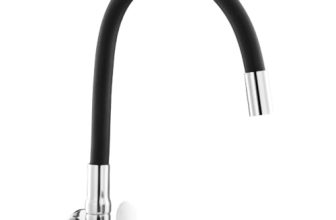 Amazon Basics Flexible Spout Kitchen Faucet | Cold-Only Single Lever Sink Tap with 360 Degree Swivel and Bendable Spout | Kitchen Use | Black and Chrome