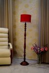 Royal Brown Mango Wood Floor LAMP with Shade-Drum-Color-RED
