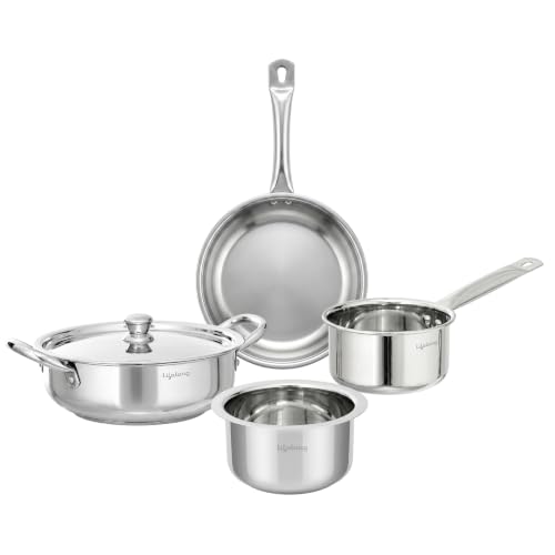Lifelong 0.8mm Thick Stainless Steel Combo of 4-Kadhai, Fry Pan, Saucepan, Tope, Common Lid|Easy Pour Edge, Riveted Handles, Gas Stove/Induction Friendly, Even Heat Distribution, Lightweight & Durable