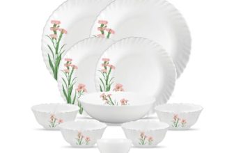 La Opala Opal Glass Crockery | for Family of 2 | Dinner Set 10 pcs Pink Florets | Plates & Bowls for Dining | Microwave Safe | 100% Vegetarian | Extra Strong | Extra Light & White
