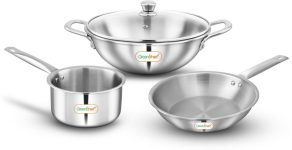 Greenchef Crest Triply Cookware combo(Kadhai glass lid 22CM, Sauce pan 14CM, Fry pan 22CM) Induction Bottom Cookware Set(Triply, 3 – Piece)