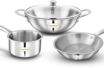 Greenchef Crest Triply Cookware combo(Kadhai glass lid 22CM, Sauce pan 14CM, Fry pan 22CM) Induction Bottom Cookware Set(Triply, 3 – Piece)