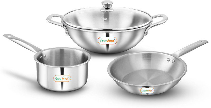 Greenchef Crest Triply Cookware combo(Kadhai glass lid 22CM, Sauce pan 14CM, Fry pan 22CM) Induction Bottom Cookware Set(Triply, 3 – Piece)