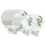 Larah by Borosil Bamboo Leaves Fluted Series Opalware Dinner Set Of 6 Full Plate, 6 Quarter Plates, 6 Veg Bowls, 2 Serving Bowl and 1 Oval Rice Plate | Bone-Ash Free Crockery (White, 21 Pieces)